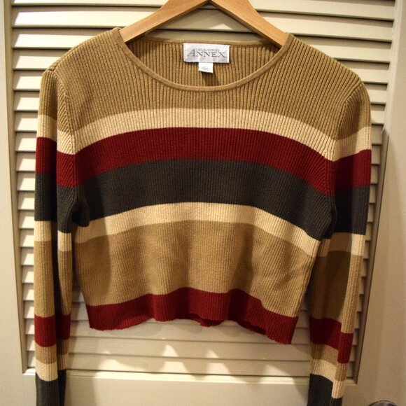 Vintage Annex Ribbed Striped Sweater – 90s/00s Y2K Cropped Top - Picture 1 of 6
